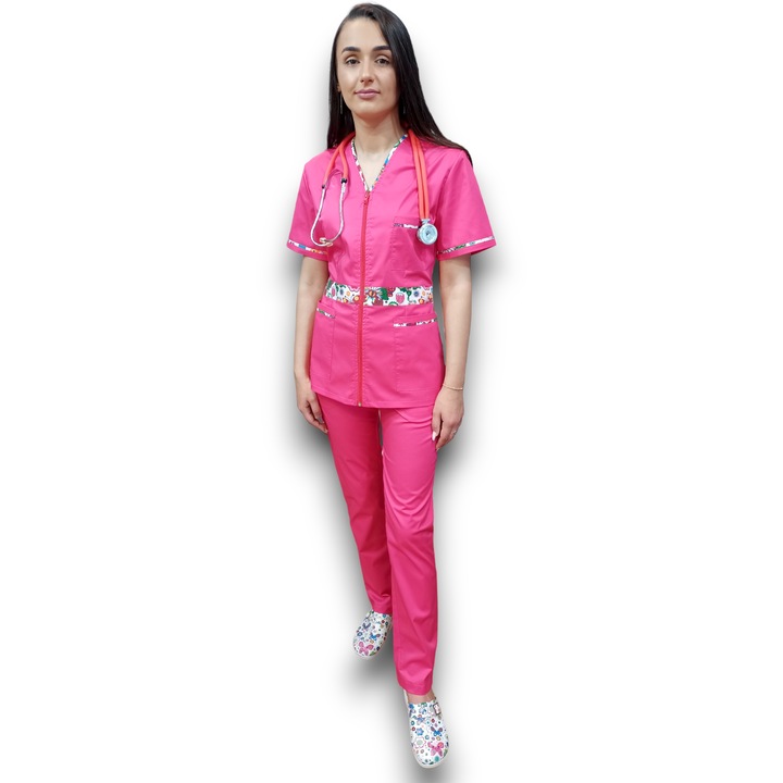 Costum medical de dama AMA Medical Scrubs, Halat fermoar cu insertie florala, Ciclam, din tercot elastic, Marimea 36
