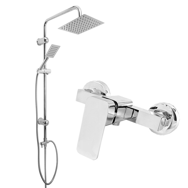 Set Dus + Baterie Veri, Granitan, Toba, Palarie Dus 20 cm, Para 1 Functie, Furtun 150 cm, Comutator Mecanic, Cartus Ceramic, Strat Rezistent La Patare, Crom