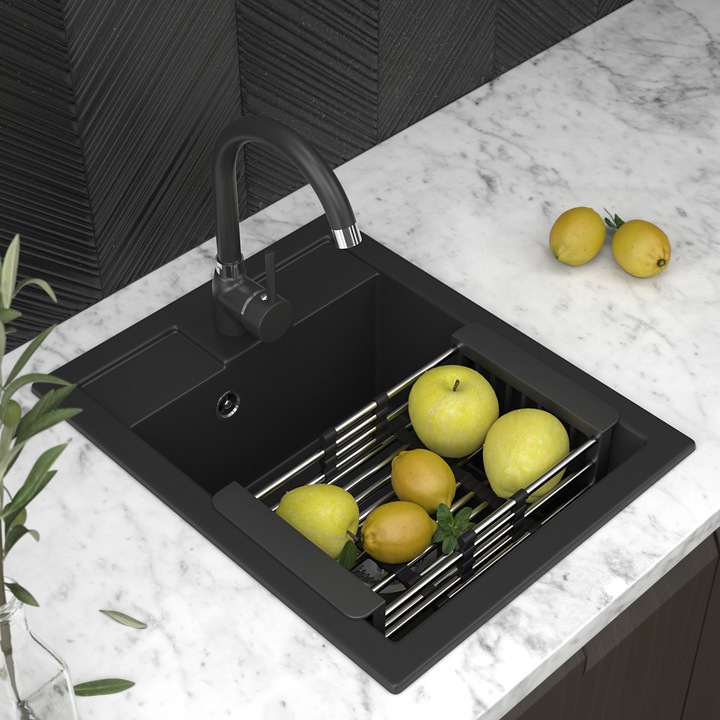 Pachet Chiuveta bucatarie Best + Baterie Beta + Scurgere, Granitan, Compozit granit, 400x500 mm, Adancime 182 mm, Montare pe blat, Negru