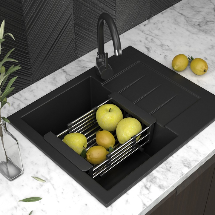 Chiuveta Granit Milano, Cu Sifon De Perete Crom, Cu O Cuva Si Picurator, Gauri Realizate La Cerere, Posibilitate De A Conecta Masina De Spalat Vase, Impregnare GraniProtect, Set Cu Baterie Si Dop Cu Preaplin