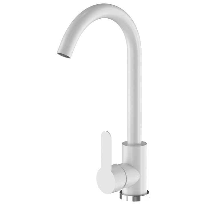 Set baterie de bucatarie cu accesorii, Granitan, 32,5 cm x 21,5 cm, Cap ceramic, Dus rotativ 360°, Orificiu standard de montaj 35 mm, Raza dusului de la centrul bateriei 162 mm, Alb, 2 racorduri flexibile + Sistem de prindere