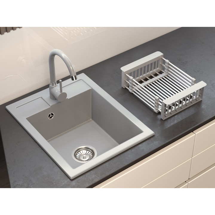 Pachet Chiuveta + Baterie + Suport Uscare + Sifon, Granitan, Best, 40 x 50 cm, Gri, Rezistent Si Durabil, Usor De Montat, Elegant Si Functional, Ideal Pentru Bucatarie Moderna, Impregnant Gratuit