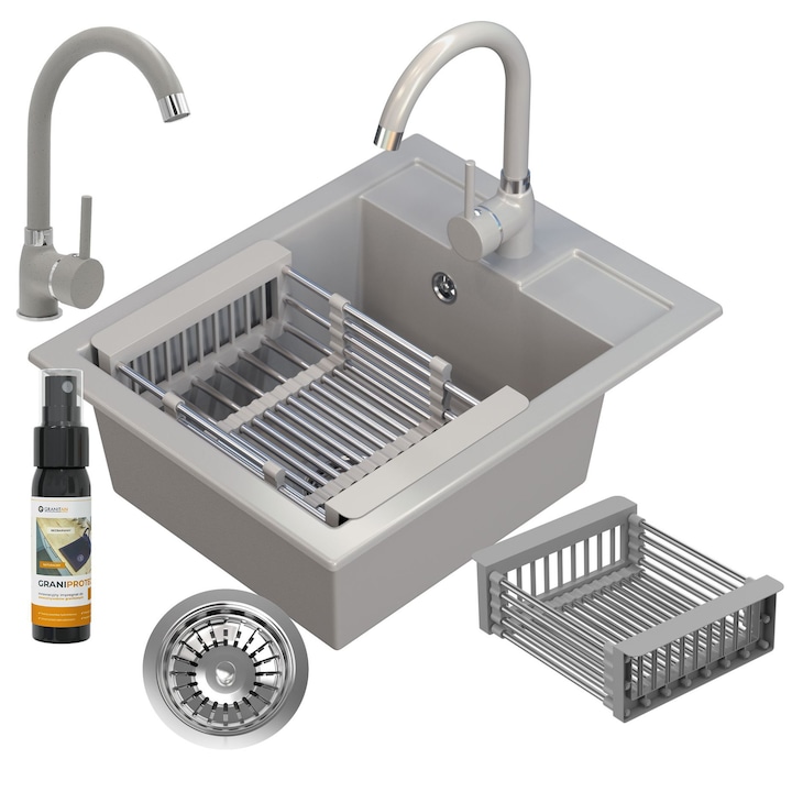 Комплект кухненска мивка и сифон Granitan, Гранит, 35 мм, Сив