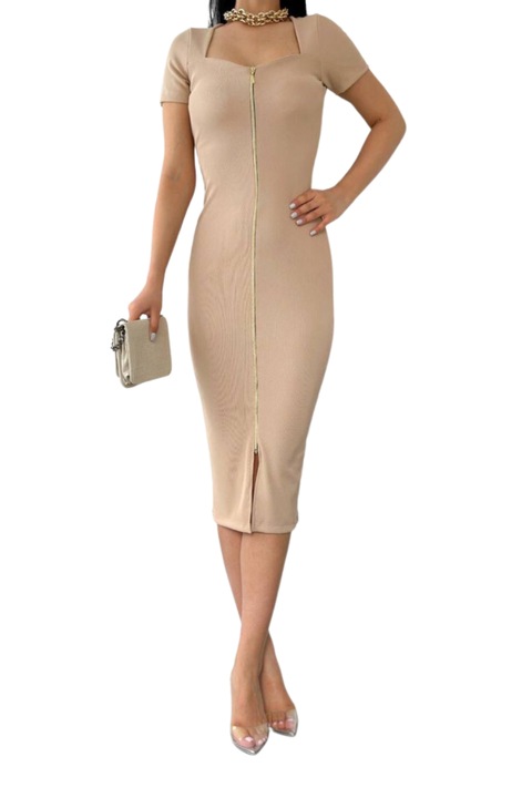 Rochie tip creion cu fermoar auriu in fata, bej, Bej