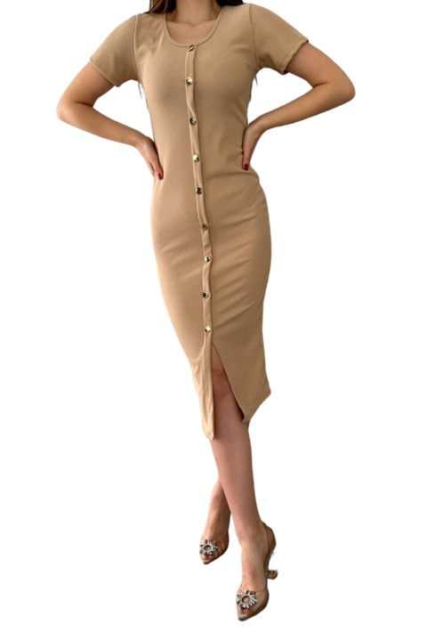 Rochie trei sferturi cu nasturi metalici, bej, Bej