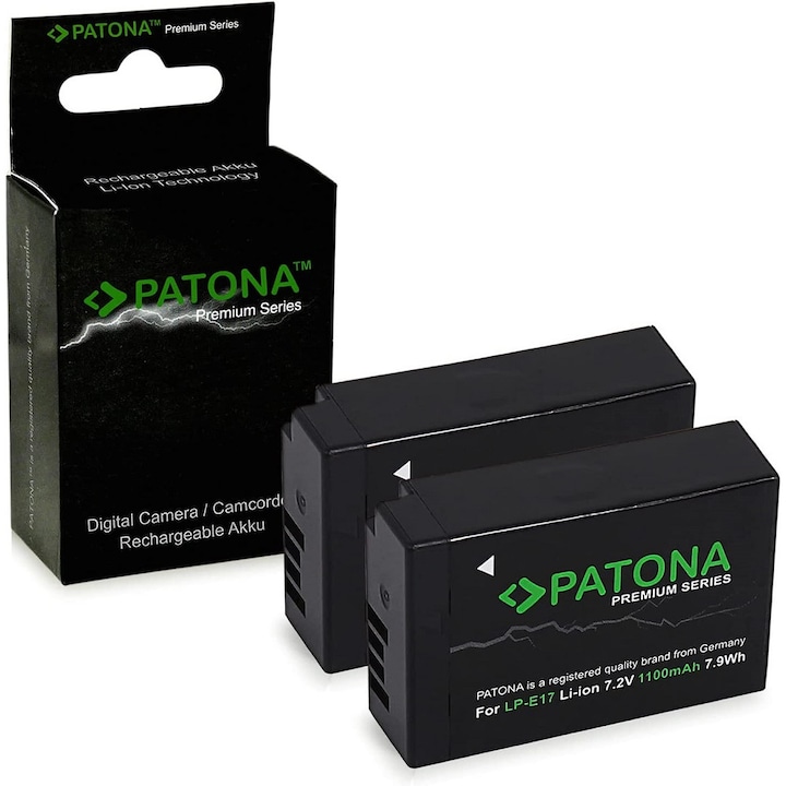 Patona Premium LP-E17 akkumulátor csomag, 2 darabos, 1100 mAh Canon EOS R10, RP, 77D, 200D, 750D, 760D, 8000D, Kiss X8i, M3, M5, M6, Rebel, Rebel T6i, T6s, T6s