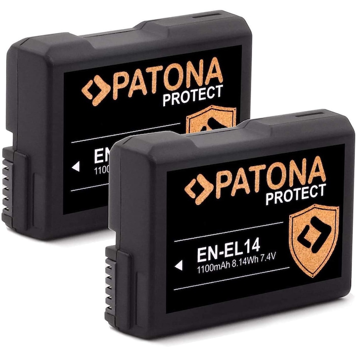 2x PATONA Protect EN-EL14 akkumulátor csomag, 1100mAh Nikon D3100, D3200, D5100, D5200, D5300, D3400, D5500, D56000