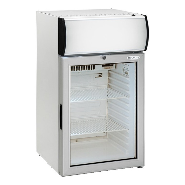 Vitrina frigorifica universala TEFCOLD, FS80CP, H 84 cm, volum 88 litri, pentru baruri, magazine, hoteluri, benzinarii, temperatura reglabila 2-10°C, 2 rafturi, dezghetare automata, lumina LED, usa sticla reversibila, agent frigorific ecologic, inox