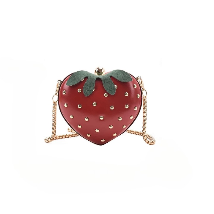 Мини чанта, тип портмоне, с уникален ягодов дизайн, златиста верижка, червен цвят