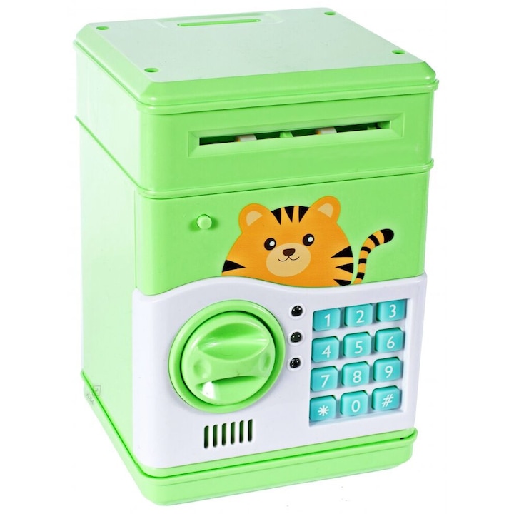 Pusculita metalica tip seif, Zola®, deschidere cu pin, sunete si lumina, 19x13.5x13.5 cm, verde cu pisica