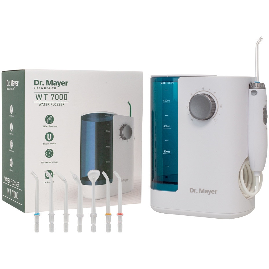 Dus Bucal fix Dr. Mayer WT7000,Alb/Verde tehnologii One Touch si Multi Pulse, 1700 de pulsatii, 12 trepte de viteza, rezervor 800ml, 7 capete incluse, Sterilizator UV pentru capete, WT7000