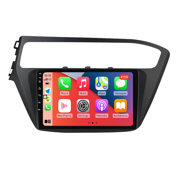 Hyundai i20 navigáció 2017-2018 között, NAVIGPS, 4 GB RAM és 64 GB ROM, 9 hüvelykes QLED képernyő, Android 12, Octacore processzor, 4G sim slot, DSP hang, vezeték nélküli Carplay és Android Auto, hátrameneti kamera