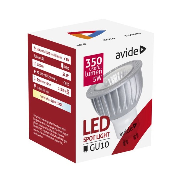 Bec Avide LED Spot COB 5W GU10 lumina calda