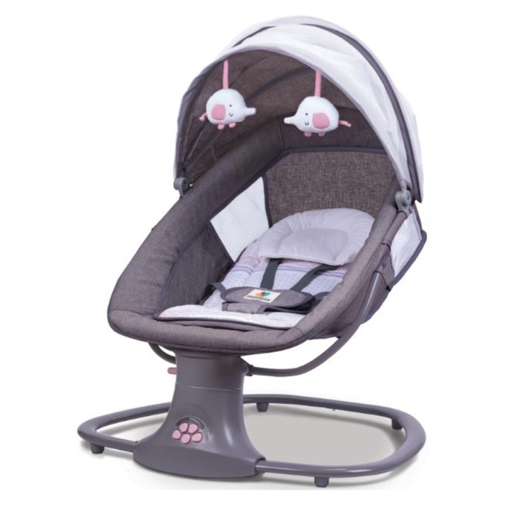 Leagan copii At Performance, Balansoar copii 3 in 1, Electric, cu Plasa Tantari, Perna Detasabila, Jucarii, USB, Bluetooth, Telecomanda, 0-3 ani, Roz