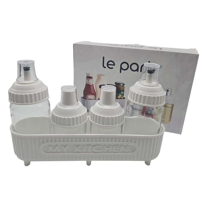 Set 4 oliviere sticla + suport plastic, alb 3383