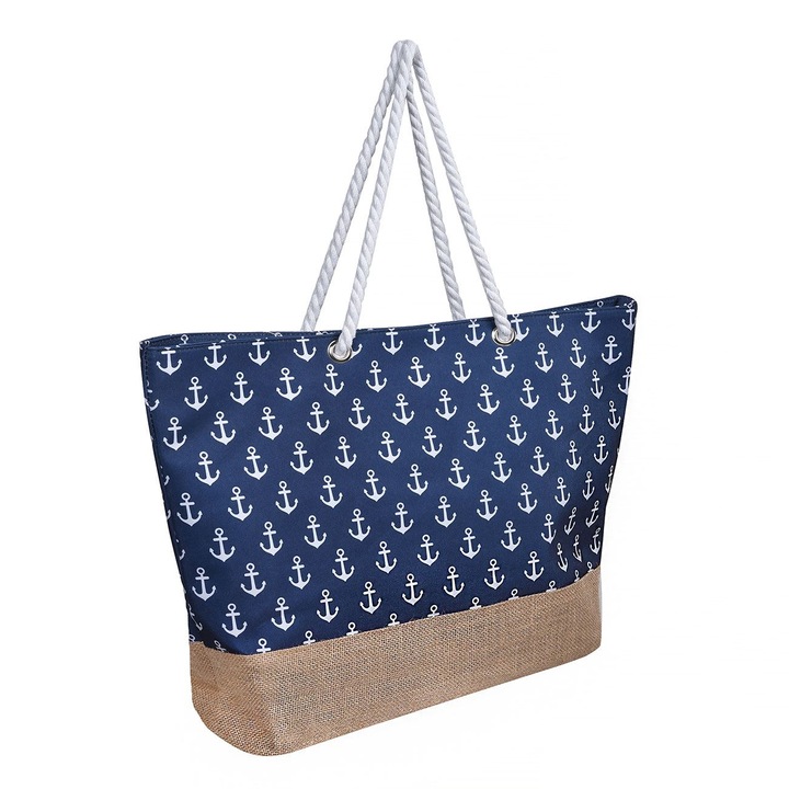 Geanta de plaja de vara albastra cu model de ancore albe, se inchide cu fermoar, 54x14x38 cm, ATS