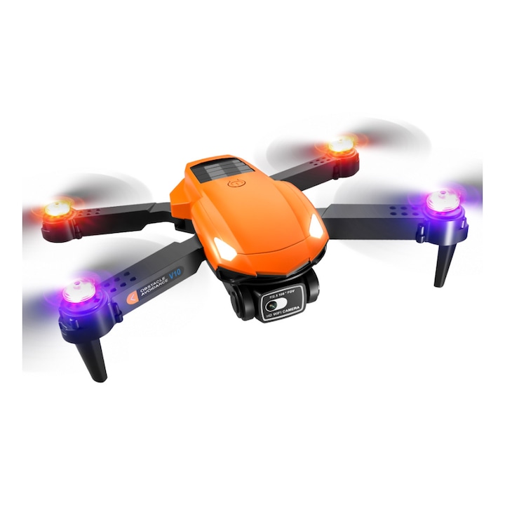Drona pliabila V10 USSPY, Camera duala HD, Elice iluminate in 72 de culori, control lumini, senzori evitare obstacole in patru directii /pozitionare flux optic, 30 min, 2 baterii, portocaliu