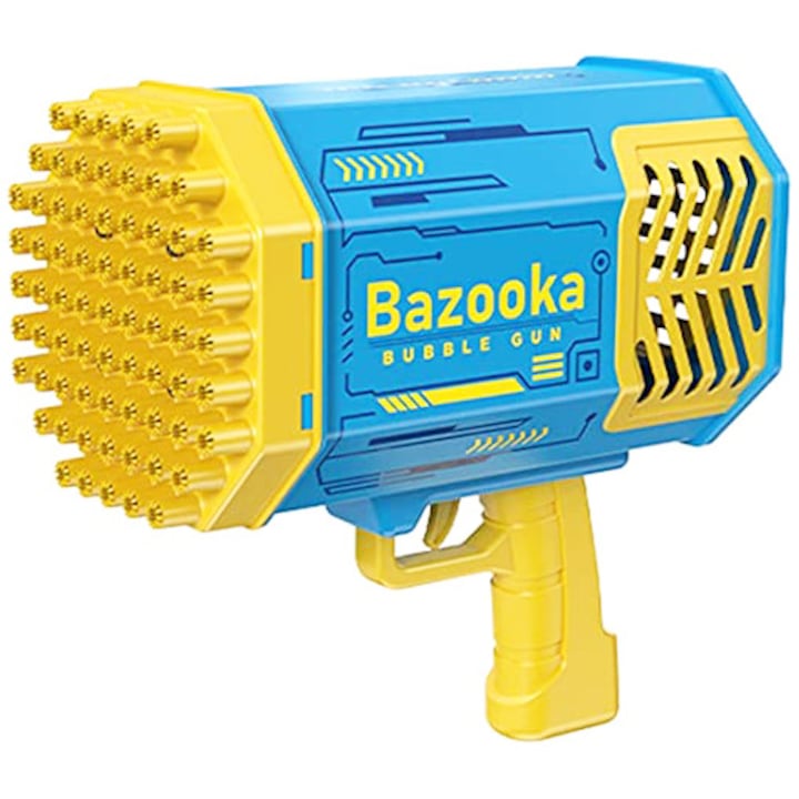 Atoo Szappanbuborék-pisztoly, interaktív játék, 69 lyuk a buborékoknak, 1200 mAh újratölthető akkumulátor, 22 x 22 x 13 cm, kék/sárga