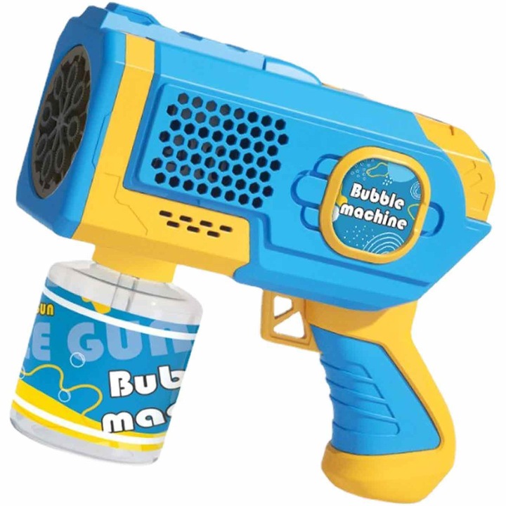 Jucarie interactiva Pistol de facut baloane de sapun, Bubble Machine, cu luminite, alimentare cu baterii, 15 x 13 x 6 cm, Albastru/Galben