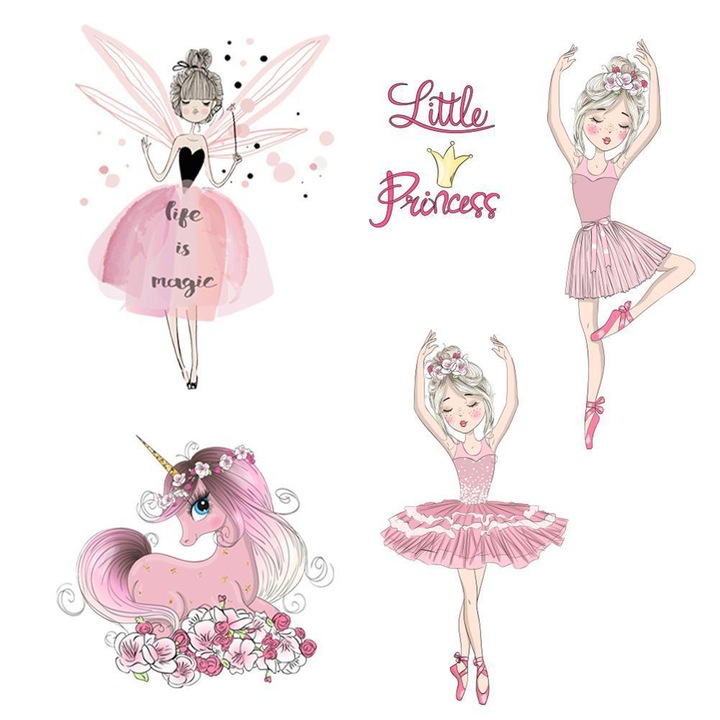 Sticker Autocolant Perete Copii, Balerine, Zana si Unicorn, Little Princess, 80x90 cm, Aida HER®
