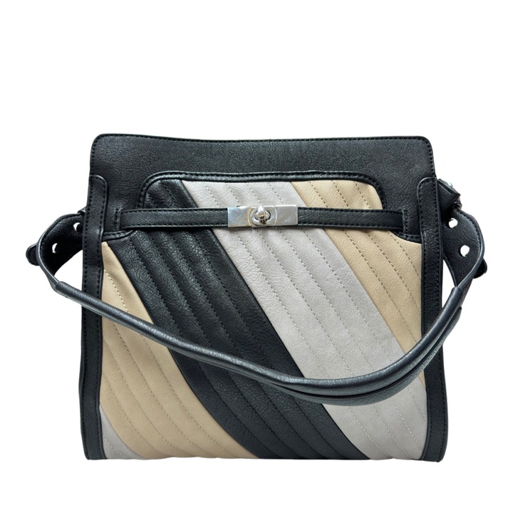 Ökológiai csíkos bőrből készült táska, fekete, 29x27x12 cm