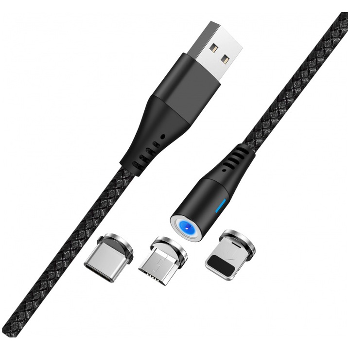 Cablu date magnetic Maxlife, MXUC-02, USB - tip Lightning + USB-C + microUSB 1,0 m 2A, Negru