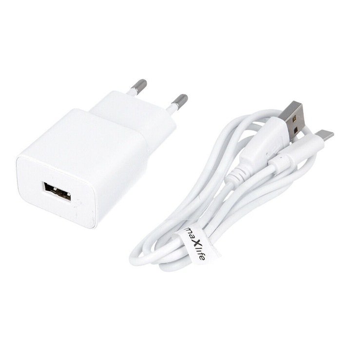 Maxlife hálózati töltő, MXTC-01, 1x USB 1A, USB-C kábel, fehér
