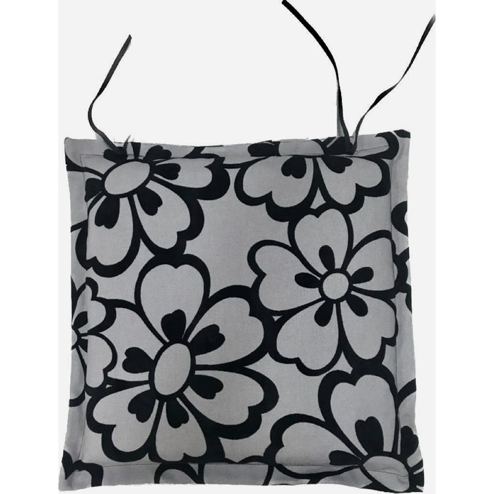 Perna sezut scaun, culoare gri cu flori negre, 43x40x3 cm