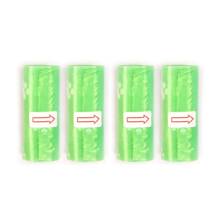 Set 4 role saci de gunoi, 15 buc/rola, pentru caini/pisici, biodegradabile, verde