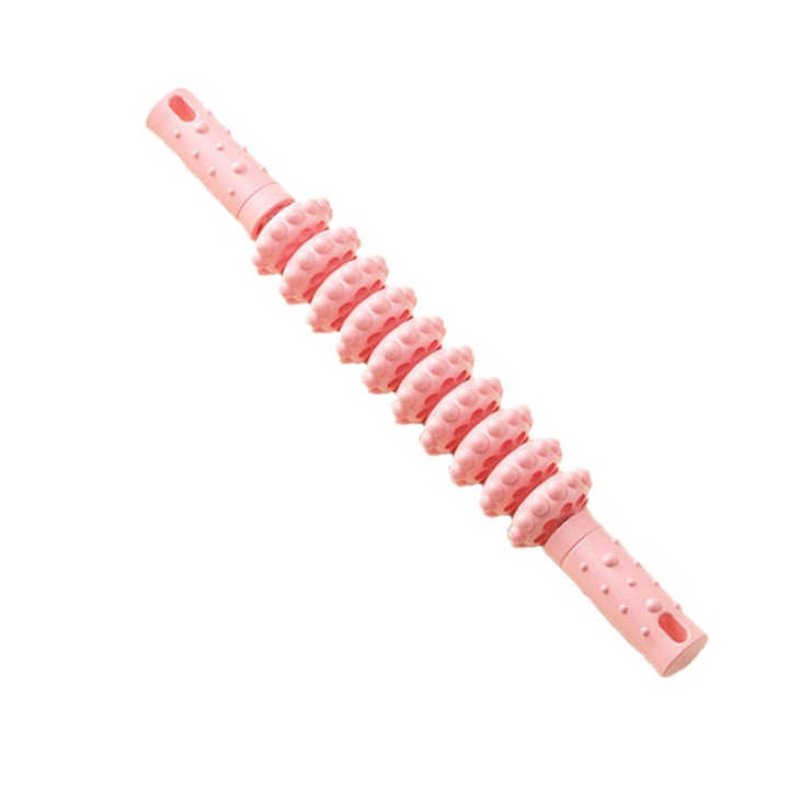 Roller masaj stick, flexibil, cu 10 role mobile, anticelulitic, relaxare, detensionare, automasaj, roz