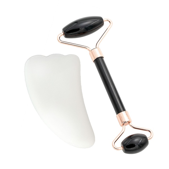 SIKS Onyx and Opal Roller Set за масаж на лице и тяло, ониксов камък, ефект на подмладяване на кожата и лимфен дренаж, камък бял опал, черен