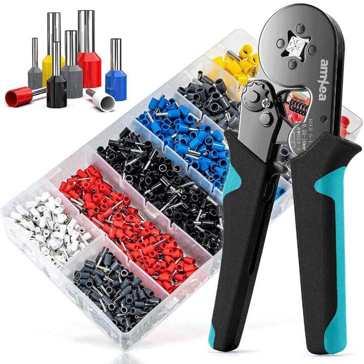Set cleste pentru sertizare amXea HSC8 6-4A Negru-Turcoaz, cu patru falci pt 0.25 - 10 mm², 1200 bucati terminale conductori