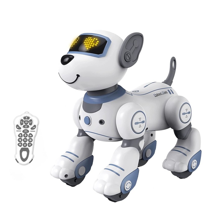 Catel Robot Inteligent cu telecomanda LEBLOU, interactiv, canta, danseaza, face cascadorii, functie urmarire, gesturi prin atingere, culoare Alb cu Albastru si Gri