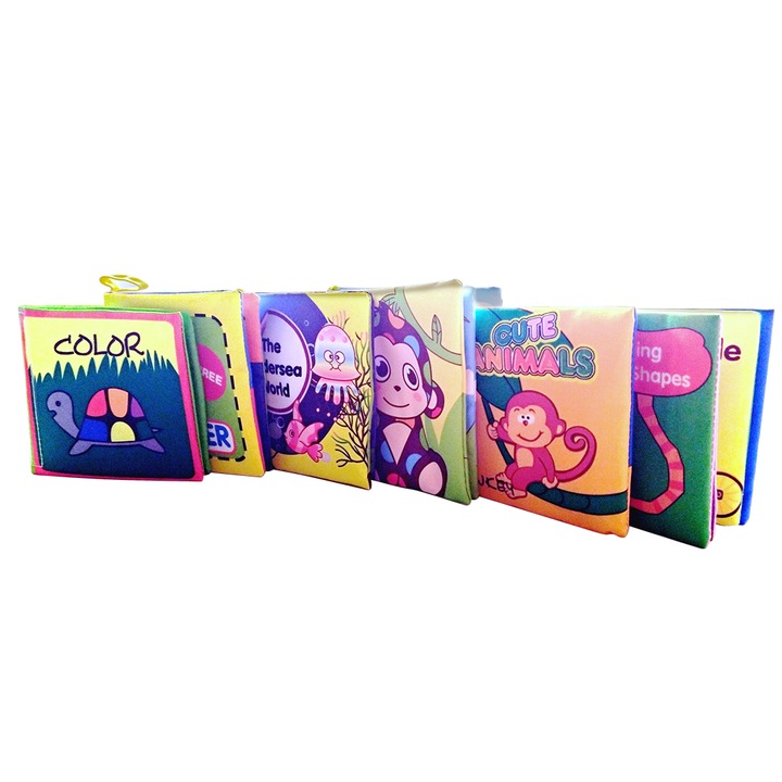 Set 6 carti senzoriale fosnitoare pentru bebelusi, cu animalute dragute, culori, numere, vietati acvatice, 4 pagini, 8 fete, 10 cm x 2,5 cm x 9 cm