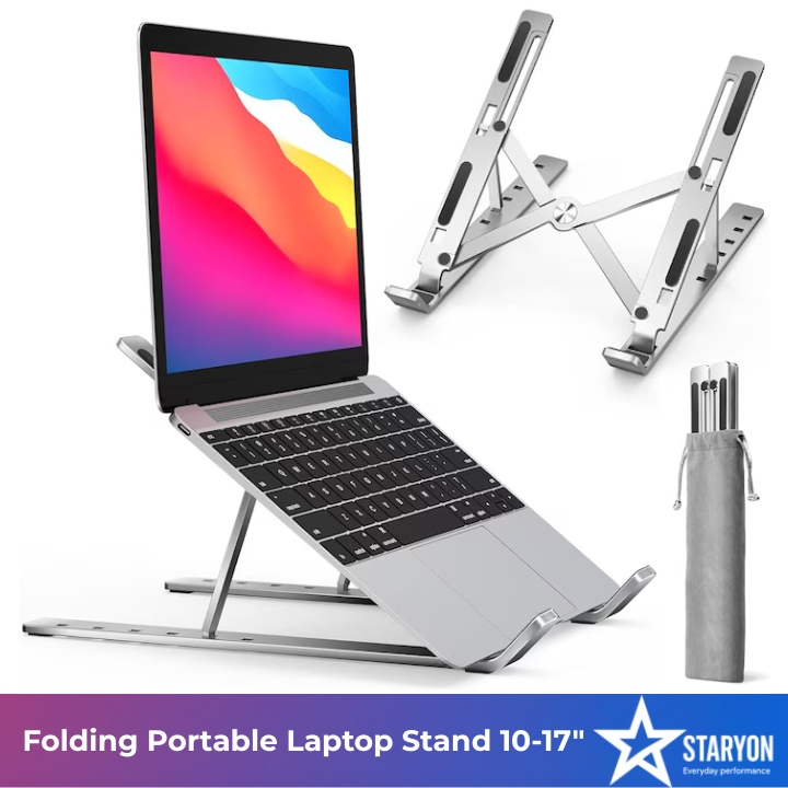 Suport Din Aluminiu Pentru Laptop 10-17" Staryon®, Stand Reglabil Pe 6 Nivele, Portabil, Pliabil, Ajustabil, Pentru Macbook, Chromebook, Tableta, Gri