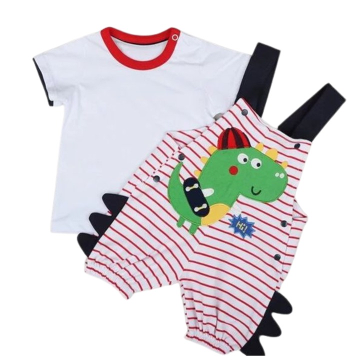 Compleu vara 2 piese, salopeta scurta, alba cu dungi rosii si tricou alb