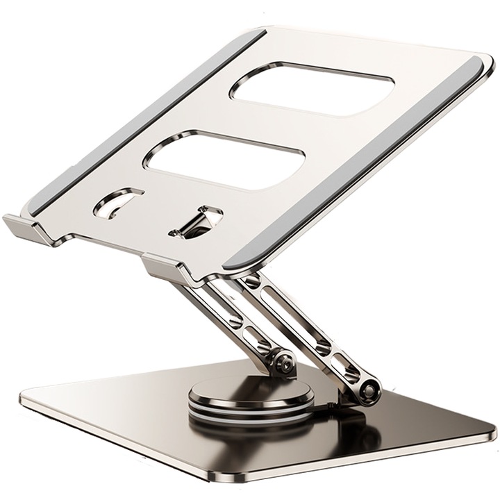 Suport laptop ergonomic, portabil, reglabil, pentru laptop si tableta, cu baza rotativa 360°, universal, pliabil, din aluminiu si silicon, non alunecos, compatibil cu toate laptopurile 10-17'', Argintiu