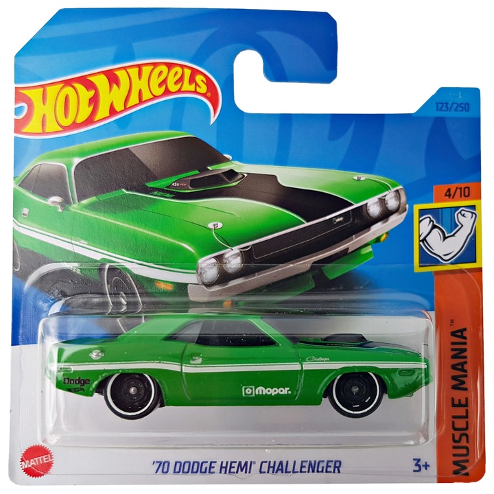 Количка Hot Wheels '70 Dodge Hemi Challenger, зелена, 1:64