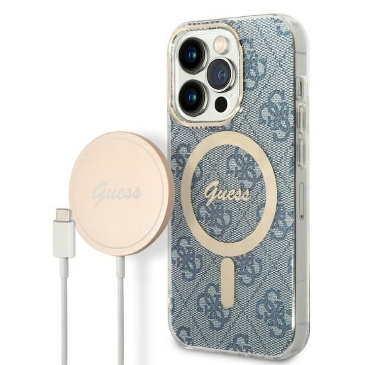 Eredeti tok + töltő GUESS GUBPP14LH4EACSB for iPhone 14 Pro (Bundle Pack Magsafe: Case + Charger / 4G / Gold - Blue)
