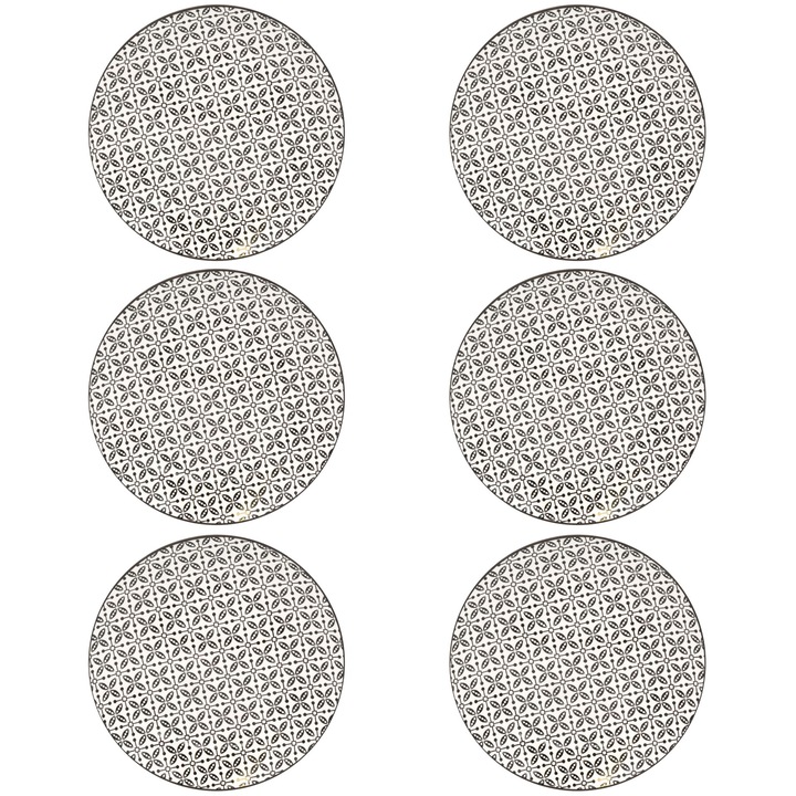 Set 6 farfurii intinse ISJ1445, Portelan, 26.5 cm, Bej / Negru