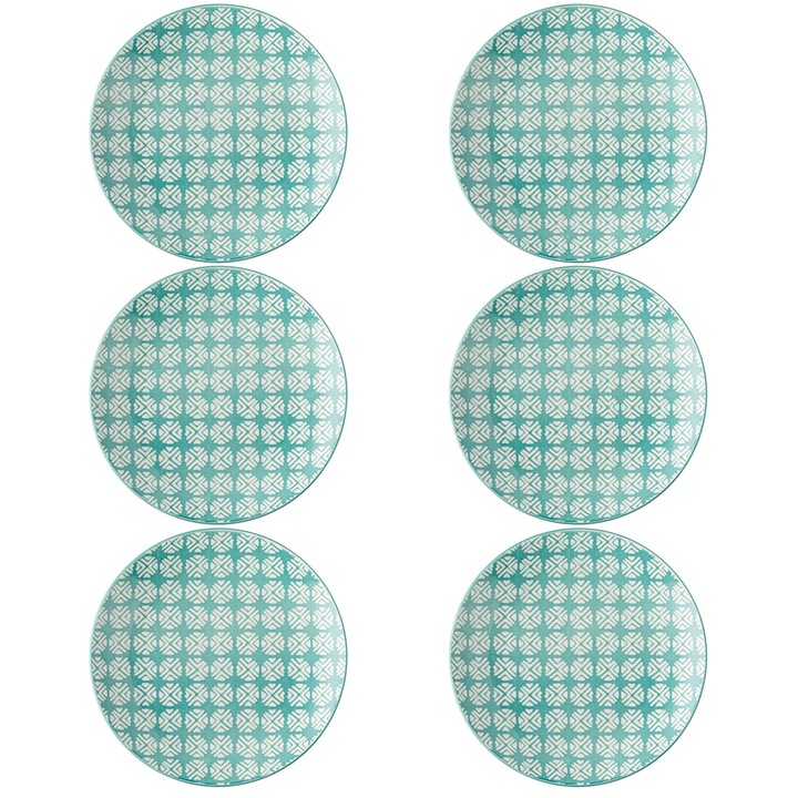 Set 6 farfurii intinse ISJ1454, Portelan, 19.6 cm, Alb / Verde