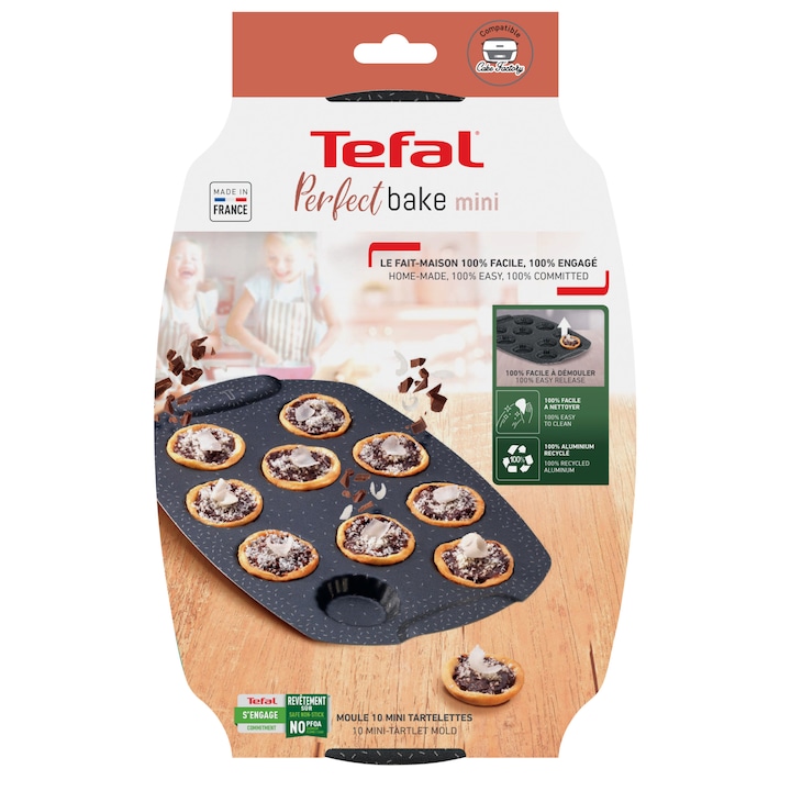 Forma de copt Tefal PerfectBake Mini Tarte, aluminiu reciclat, invelis antiaderent, 21x29 cm, negru & maro