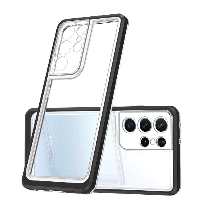 Szilikon tok, kemény akril, Samsung Galaxy S23 Ultra-hoz, Hard Flexible TPU, PC, Optim Protection Technology, Átlátszó, Fekete