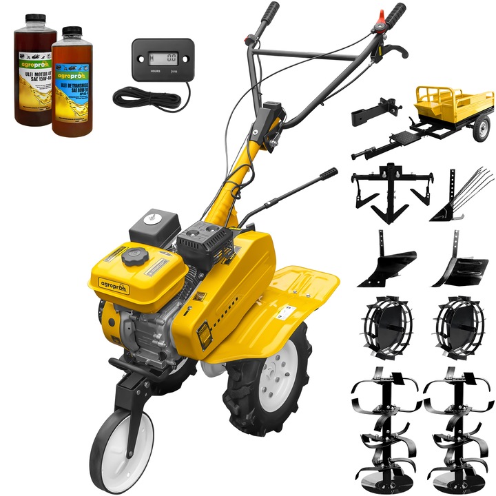 Motosapa AgroPro HS500, motor 7 CP, 3 viteze, latime lucru 90-120 cm, freze, roti cauciuc 4.00x8, roata frontala, tahometru, roti metal, cultivator, remorca, cupla accesorii, 2l ulei