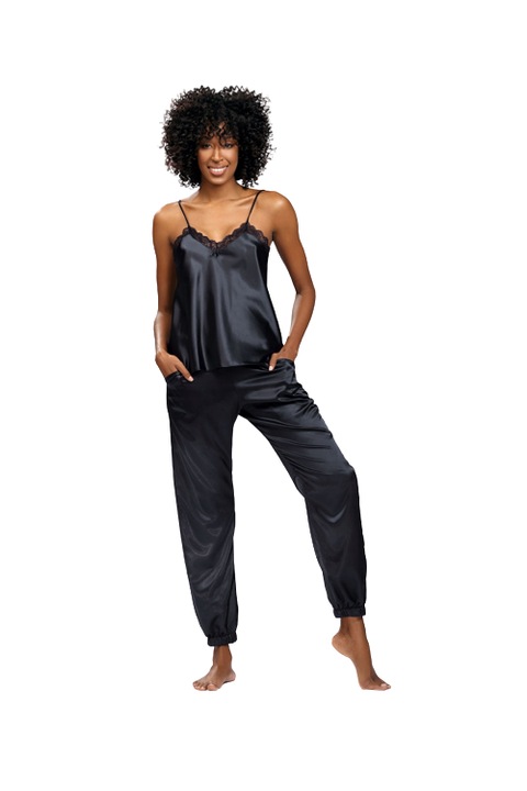 Pijama dama satin, maiou si pantaloni lungi, Negru