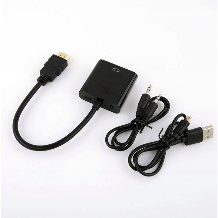 PAWONIK Átalakító, HDMI apa - VGA anya, micro USB tápkábel, AUX kábel, fekete