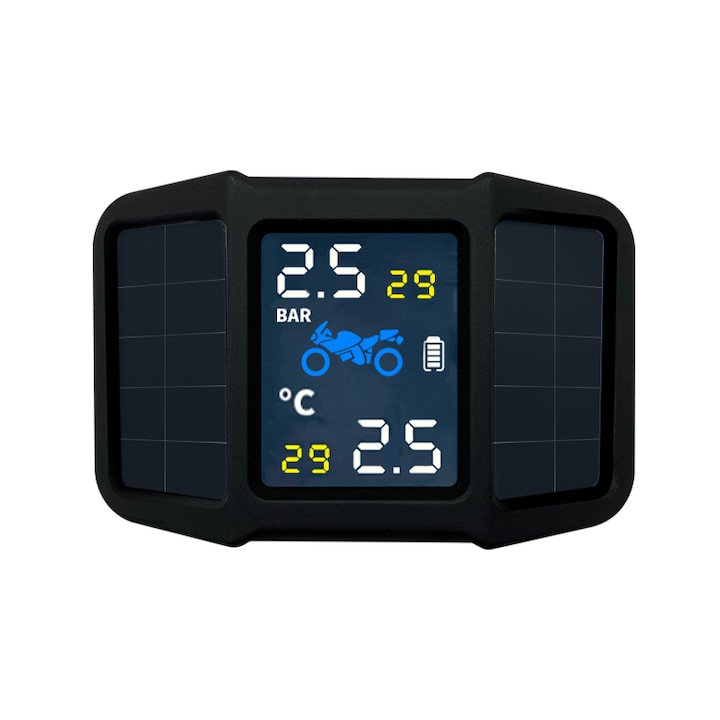 Sistem de monitorizare in timp real a presiunii din anvelope wireless pentru motociclete cu 2 senzori externi Ventlex®, TPMS, Afisare temperatura, Incarcare Solara, Display HD LCD 6.5, Waterproof, Fara fir, Negru