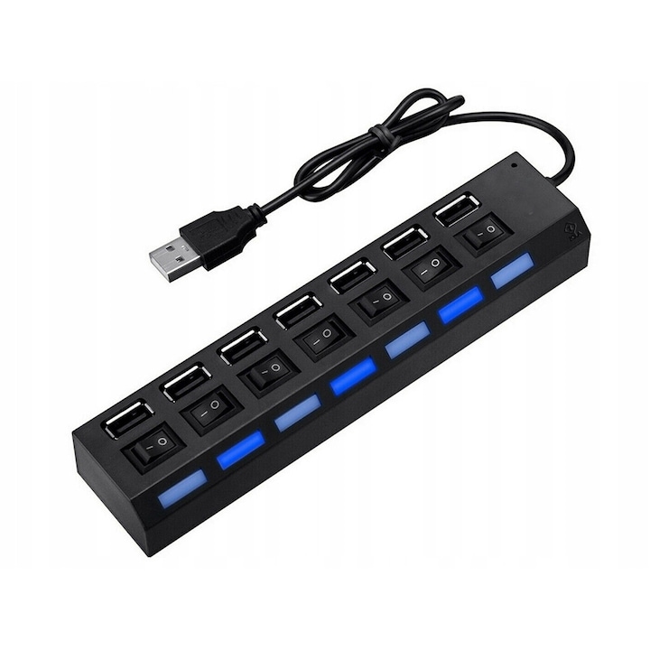 Hub USB 2.0, Zola®, cu 7 porturi, lungime cablu 41 cm, viteza de transmisie 480 Mbps, negru, 16.5x2.1x3.5 cm