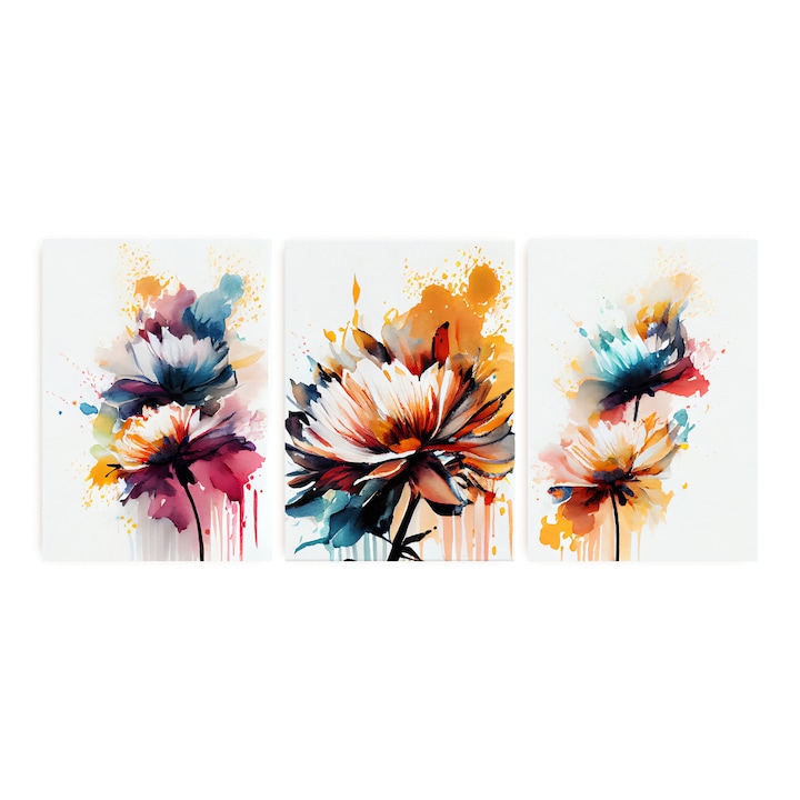 Set de 3 tablouri Ana Design "Flori", fara rama, print pe hartie foto mata, 200 g/m2, arta digitala, 30x40 cm