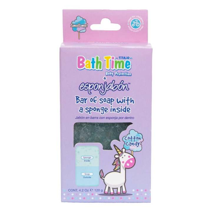 Săpun pentru copii Esponjabon, aroma de vată de zahăr, burete integrat, 120g